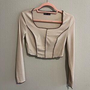SHEIN Cream Long Sleeve Crop Top with Brown Trim